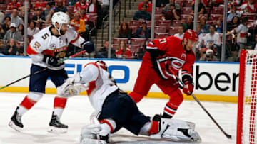 SUNRISE, FL - FEBRUARY 21: Nino Niederreiter #21 of the Carolina Hurricanes shoots and scores during the second period against Goaltender James Reimer #34 of the Florida Panthers at the BB&T Center on February 21, 2019 in Sunrise, Florida. (Photo by Eliot J. Schechter/NHLI via Getty Images)