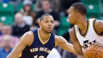 Dec 16, 2015; Salt Lake City, UT, USA; New Orleans Pelicans guard Eric Gordon (10) guards against Utah Jazz guard Rodney Hood (5) during the first quarter at Vivint Smart Home Arena. Mandatory Credit: Russ Isabella-USA TODAY Sports