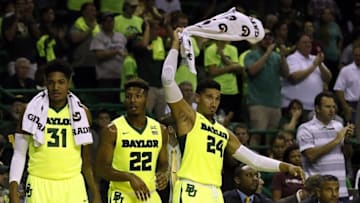 Nov 15, 2016; Waco, TX, USA; Baylor Bears guard Ishmail Wainright (24) fires up the bench against the Oregon Ducks during the first half at Ferrell Center. Mandatory Credit: Ray Carlin-USA TODAY Sports