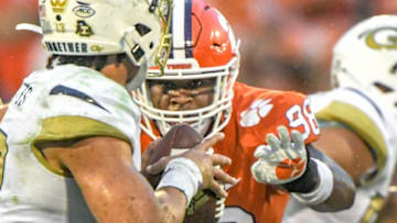 Clemson defensive end Myles Murphy (98) pressures Georgia Tech freshman Jordan Yates (13) during the third quarter in Clemson, S.C., September 18, 2021.Ncaa Football Georgia Tech At Clemson