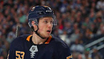 BUFFALO, NY - MARCH 20: Jeff Skinner #53 of the Buffalo Sabres prepares for a faceoff against the Toronto Maple Leafs during an NHL game on March 20, 2019 at KeyBank Center in Buffalo, New York. (Photo by Bill Wippert/NHLI via Getty Images)