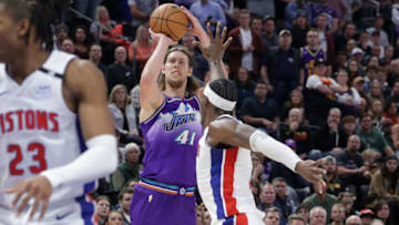 Nov 23, 2022; Salt Lake City, Utah, USA; Utah Jazz forward Kelly Olynyk (41) shoots the ball past Detroit Pistons center Jalen Duren (0) during the second half at Vivint Arena. Mandatory Credit: Chris Nicoll-USA TODAY Sports