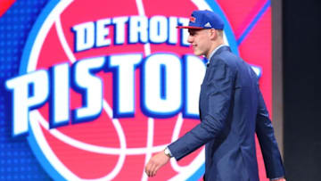 Jun 23, 2016; New York, NY, USA; Henry Ellenson (Marquette) walks off stage after being selected as the number eighteen overall pick to the Detroit Pistons in the first round of the 2016 NBA Draft at Barclays Center. Mandatory Credit: Jerry Lai-USA TODAY Sports
