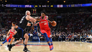 PHILADELPHIA, PA - NOVEMBER 1: Joel Embiid #21 of the Philadelphia 76ers handles the ball against the LA Clippers on November 1, 2018 at Wells Fargo Center in Philadelphia, Pennsylvania. NOTE TO USER: User expressly acknowledges and agrees that, by downloading and/or using this photograph, user is consenting to the terms and conditions of the Getty Images License Agreement. Mandatory Copyright Notice: Copyright 2018 NBAE (Photo by Jesse D. Garrabrant/NBAE via Getty Images)