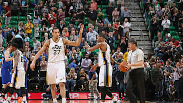 SALT LAKE CITY, UT - MARCH 10: Rudy Gobert #27 and Rodney Hood #5 of the Utah Jazz celebrate a victory against the New York Knicks on March 10, 2015 at EnergySolutions Arena in Salt Lake City, Utah. NOTE TO USER: User expressly acknowledges and agrees that, by downloading and or using this Photograph, User is consenting to the terms and conditions of the Getty Images License Agreement. Mandatory Copyright Notice: Copyright 2015 NBAE (Photo by Melissa Majchrzak/NBAE via Getty Images)