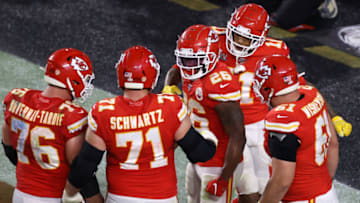 MIAMI, FLORIDA - FEBRUARY 02: Damien Williams #26 of the Kansas City Chiefs celebrates after a touchdown against the San Francisco 49ers during the fourth quarter in Super Bowl LIV at Hard Rock Stadium on February 02, 2020 in Miami, Florida. (Photo by Elsa/Getty Images)