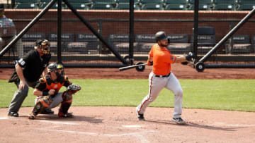 SAN FRANCISCO, CALIFORNIA - JULY 15: Joey Bart #77 of the San Francisco Giants hits a double that scored a run during an intrasquad game at Oracle Park on July 15, 2020 in San Francisco, California. (Photo by Ezra Shaw/Getty Images)