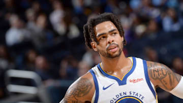 D'Angelo Russell #0 of the Golden State Warriors looks on against the Los Angeles Lakers(Photo by Noah Graham/NBAE via Getty Images)