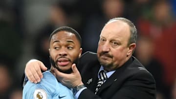NEWCASTLE UPON TYNE, ENGLAND - JANUARY 29: Rafa Benitez, Manager of Newcastle and Raheem Sterling of Manchester City during the Premier League match between Newcastle United and Manchester City at St. James Park on January 29, 2019 in Newcastle upon Tyne, United Kingdom. (Photo by Michael Regan/Getty Images)