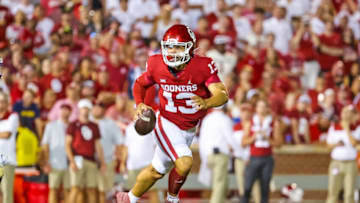 Sep 11, 2021; Norman, Oklahoma, USA; Oklahoma Sooners quarterback Caleb Williams (13) in action during the game against the Western Carolina Catamounts at Gaylord Family-Oklahoma Memorial Stadium. Mandatory Credit: Kevin Jairaj-USA TODAY Sports