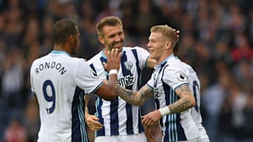 WEST BROMWICH, ENGLAND - SEPTEMBER 17: James McClean of West Bromwich Albion (R) celebrates scoring his sides third goal with his team mates during the Premier League match between West Bromwich Albion and West Ham United at The Hawthorns on September 17, 2016 in West Bromwich, England. (Photo by Shaun Botterill/Getty Images)