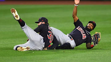 PITTSBURGH, PA - AUGUST 18: Tyler Naquin #30 and Delino DeShields #0 of the Cleveland Indians collide during the fourth inning against the Pittsburgh Pirates at PNC Park on August 18, 2020 in Pittsburgh, Pennsylvania. (Photo by Joe Sargent/Getty Images)