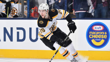COLUMBUS, OH - APRIL 30: Brandon Carlo #25 of the Boston Bruins against the Columbus Blue Jackets in Game Three of the Eastern Conference Second Round during the 2019 NHL Stanley Cup Playoffs on April 30, 2019 at Nationwide Arena in Columbus, Ohio. (Photo by Jamie Sabau/NHLI via Getty Images)