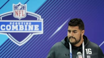 INDIANAPOLIS, IN - MARCH 01: UTEP offensive lineman Will Hernandez speaks to the media during NFL Combine press conferences at the Indiana Convention Center on March 1, 2018 in Indianapolis, Indiana. (Photo by Joe Robbins/Getty Images)