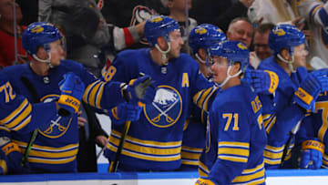 Oct 13, 2022; Buffalo, New York, USA; Buffalo Sabres left wing Victor Olofsson (71) celebrates his goal during the third period against the Ottawa Senators at KeyBank Center. Mandatory Credit: Timothy T. Ludwig-USA TODAY Sports