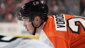 PHILADELPHIA, PA - FEBRUARY 07: Mikhail Vorobyev #24 of the Philadelphia Flyers looks on against the Los Angeles Kings on February 7, 2019 at the Wells Fargo Center in Philadelphia, Pennsylvania. (Photo by Len Redkoles/NHLI via Getty Images)