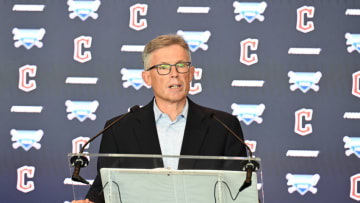 CLEVELAND, OHIO - JULY 23: Cleveland Indians team owner and chairman Paul Dolan talks to members of the media during a press conference announcing the name change from the Cleveland Indians to the Cleveland Guardians at Progressive Field on July 23, 2021 in Cleveland, Ohio. (Photo by Jason Miller/Getty Images)