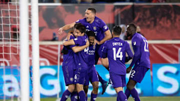HARRISON, NJ - MARCH 23: Sacha Kljestan #16 of Orlando City celebrates his goal with teammates during 2nd half of the MLS match between Orlando City SC and New York Red Bulls at Red Bull Arena on March 23, 2019 in Harrison, NJ, USA. Orlando City SC won the match with a score of 1 to 0. (Photo by Ira L. Black/Corbis via Getty Images)