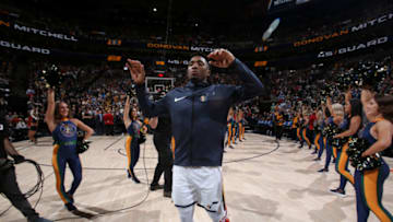 SALT LAKE CITY, UT - OCTOBER 19: Donovan Mitchell #45 of the Utah Jazz is introduced during a game against the Golden State Warriors on October 19, 2018 at Vivint Smart Home Arena in Salt Lake City, Utah. NOTE TO USER: User expressly acknowledges and agrees that, by downloading and/or using this Photograph, user is consenting to the terms and conditions of the Getty Images License Agreement. Mandatory Copyright Notice: Copyright 2018 NBAE (Photo by Melissa Majchrzak/NBAE via Getty Images)