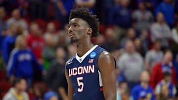 Mar 19, 2016; Des Moines, IA, USA; Connecticut Huskies guard Daniel Hamilton (5) reacts in the second half against the Kansas Jayhawks during the second round of the 2016 NCAA Tournament at Wells Fargo Arena. Mandatory Credit: Steven Branscombe-USA TODAY Sports