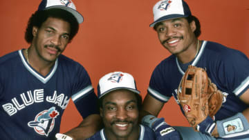 UNSPECIFIED - CIRCA 1985: (L-R) George Bell #11, Lloyd Moseby #15 and Jesse Barfield #29 of the Toronto Blue Jays poses together for this portrait during the Major League Baseball season circa 1985. Barfield played for the Blue Jays from 1981-89. (Photo by Focus on Sport/Getty Images)