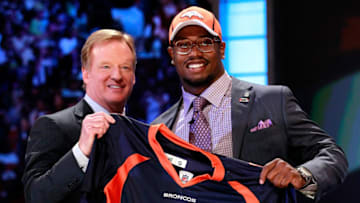 NEW YORK, NY - APRIL 28: Von Miller, #2 overall pick by the Denver Broncos holds up a jersey on stage during the 2011 NFL Draft at Radio City Music Hall on April 28, 2011 in New York City. (Photo by Chris Trotman/Getty Images)