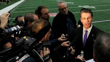EDEN PRAIRIE, MN - JANUARY 17: General manager Rick Spielman of the Minnesota Vikings speaks to the media after introducing new head coach Mike Zimmer on January 17, 2013 at Winter Park in Eden Prairie, Minnesota. (Photo by Hannah Foslien/Getty Images)