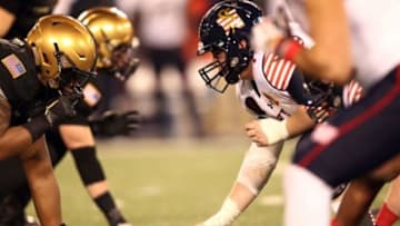 Dec 13, 2014; Baltimore, MD, USA; Army Black Knights nose guard Richard Glover (98) lines up against Navy Midshipmen center Andrew Martin (73) at the line of scrimmage during the second half at M&T Bank Stadium. Mandatory Credit: Danny Wild-USA TODAY Sports