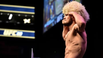 LAS VEGAS, NV - DECEMBER 29: Khabib Nurmagomedov of Russia poses on the scale during the UFC 219 weigh-in inside T-Mobile Arena on December 29, 2017 in Las Vegas, Nevada. (Photo by Brandon Magnus/Zuffa LLC/Zuffa LLC via Getty Images)