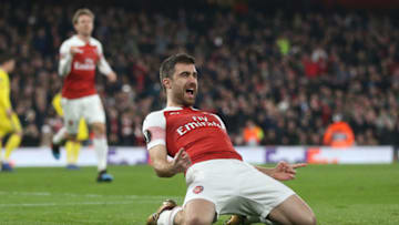 LONDON, ENGLAND - FEBRUARY 21: Arsenal's Sokratis Papastathopoulos celebrates scoring his side's third goal during the UEFA Europa League Round of 32 Second Leg match between Arsenal and BATE Borisov at England on February 21, 2019 in London, United Kingdom. (Photo by Rob Newell - CameraSport via Getty Images)