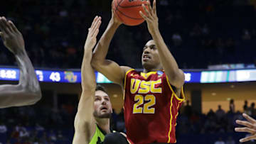 TULSA, OK - MARCH 19: De'Anthony Melton #22 of the USC Trojans is defended by Jake Lindsey #3 of the Baylor Bears during the second round of the 2017 NCAA Men's Basketball Tournament at BOK Center on March 19, 2017 in Tulsa, Oklahoma. (Photo by Ronald Martinez/Getty Images)