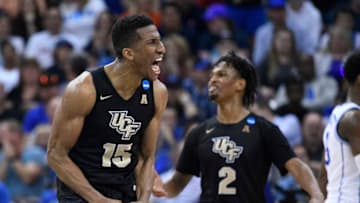 COLUMBIA, SC - MARCH 24: Aubrey Dawkins #15 of the UCF Knights reacts to the action against the Duke Blue Devils in the second round of the 2019 NCAA Men's Basketball Tournament held at Colonial Life Arena on March 24, 2019 in Columbia, South Carolina. (Photo by Grant Halverson/NCAA Photos via Getty Images)