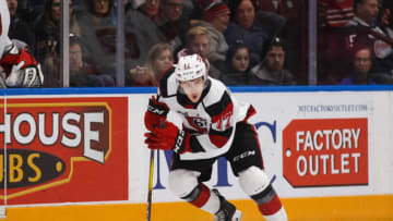 OSHAWA, ON - MARCH 1: Mitchell Hoelscher #17 of the Ottawa 67's carries the puck up the ice during an OHL game against the Oshawa Generals at the Tribute Communities Centre on March 1, 2020 in Oshawa, Ontario, Canada. (Photo by Chris Tanouye/Getty Images)