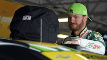 Oct 3, 2014; Kansas City, KS, USA; NASCAR Sprint Cup Series driver Dale Earnhardt Jr. during practice for the Hollywood Casino 400 at Kansas Speedway. Mandatory Credit: Jasen Vinlove-USA TODAY Sports