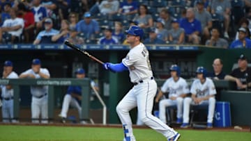 KANSAS CITY, MO - AUGUST 31: Ryan O'Hearn #66 of the Kansas City Royals hits against the Baltimore Orioles at Kauffman Stadium on August 31, 2018 in Kansas City, Missouri. (Photo by Ed Zurga/Getty Images)