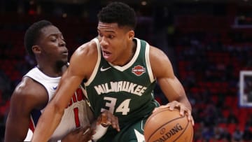 Giannis Antetokounmpo #34 of the Milwaukee Bucks drives around Reggie Jackson #1 of the Detroit Pistons during the first half at Little Caesars Arena on November 3, 2017 in Detroit, Michigan. (Photo by Gregory Shamus/Getty Images)