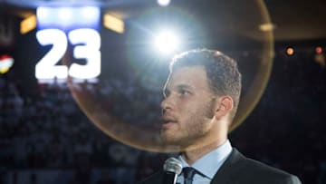 NORMAN, OK - MARCH 1: Blake Griffin speaks during a ceremony to retire his Oklahoma college number 23 before the second half of a NCAA college basketball game at the Lloyd Noble Center on March 1, 2016 in Norman, Oklahoma. (Photo by J Pat Carter/Getty Images)