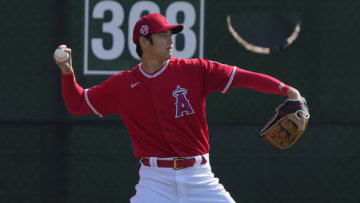 Feb 18, 2023; Tempe, AZ, USA; Los Angeles Angels starting pitcher Shohei Ohtani (17) warms up during spring training camp at Tempe Diablo Stadium. Mandatory Credit: Rick Scuteri-USA TODAY Sports