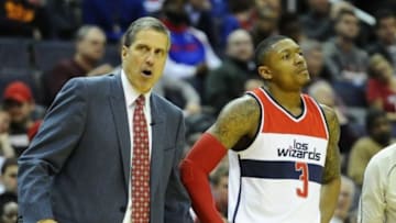 Mar 29, 2015; Washington, DC, USA; Washington Wizards head coach Randy Wittman talks with Washington Wizards guard Bradley Beal (3) against the Houston Rockets during the second half at Verizon Center. The Houston Rockets won 99 - 91. Mandatory Credit: Brad Mills-USA TODAY Sports