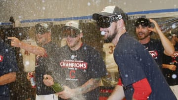 CLEVELAND, OH - SEPTEMBER 17: Cleveland Indians celebrate the American League Central Division championship after beating the Kansas City Royals 3-2 at Progressive Field on September 17, 2017 in Cleveland, Ohio. (Photo by Ron Schwane/Getty Images)