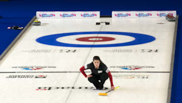 LONDON, ON - JANUARY 10:U.S. Olympic curling team member Becca Hamilton, center, looks down the ice during practice at the Western Fair Sports Centre in London, Ontario on January 10, 2018. (Photo by Mark Felix for The Washington Post via Getty Images)