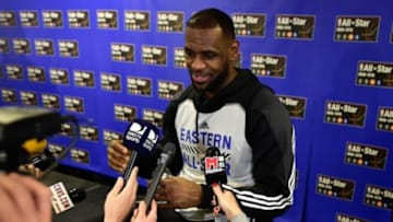 Feb 14, 2015; New York, NY, USA; Eastern Conference forward LeBron James of the Cleveland Cavaliers (23) addresses the media during practice at Madison Square Garden. Mandatory Credit: Bob Donnan-USA TODAY Sports