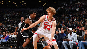 BROOKLYN, NY - APRIL 9: Lauri Markkanen #24 of the Chicago Bulls handles the ball during the game against the Brooklyn Nets on April 9, 2018 at Barclays Center in Brooklyn, New York. NOTE TO USER: User expressly acknowledges and agrees that, by downloading and/or using this Photograph, user is consenting to the terms and conditions of the Getty Images License Agreement. Mandatory Copyright Notice: Copyright 2018 NBAE (Photo by Jesse D. Garrabrant/NBAE via Getty Images)