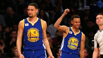 TORONTO, ON - FEBRUARY 13: Klay Thompson and Stephen Curry of the Golden State Warriors react in the Foot Locker Three-Point Contest during NBA All-Star Weekend 2016 at Air Canada Centre on February 13, 2016 in Toronto, Canada. NOTE TO USER: User expressly acknowledges and agrees that, by downloading and/or using this Photograph, user is consenting to the terms and conditions of the Getty Images License Agreement. (Photo by Elsa/Getty Images)