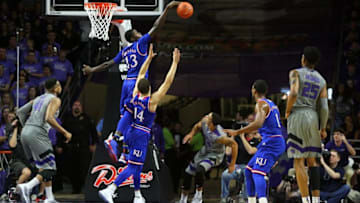 Feb 20, 2016; Manhattan, KS, USA; Kansas Jayhawks forward Cheick Diallo (13) blocks the shot of Kansas State Wildcats guard Justin Edwards (14) during first half at Fred Bramlage Coliseum. Mandatory Credit: Scott Sewell-USA TODAY Sports