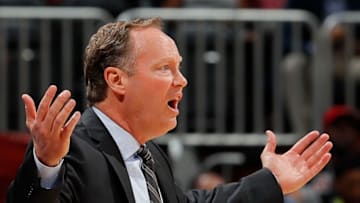 ATLANTA, GA - NOVEMBER 30: Mike Budenholzer of the Atlanta Hawks reacts during the game against the Cleveland Cavaliers at Philips Arena on November 30, 2017 in Atlanta, Georgia. NOTE TO USER: User expressly acknowledges and agrees that, by downloading and or using this photograph, User is consenting to the terms and conditions of the Getty Images License Agreement. (Photo by Kevin C. Cox/Getty Images)