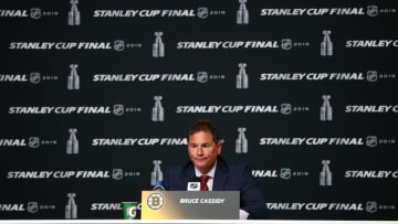 BOSTON, MASSACHUSETTS - MAY 29: Head coach Bruce Cassidy of the Boston Bruins speaks to the media following his teams 3-2 overtime loss to the St. Louis Blues in Game Two of the 2019 NHL Stanley Cup Final at TD Garden on May 29, 2019 in Boston, Massachusetts. (Photo by Adam Glanzman/Getty Images)