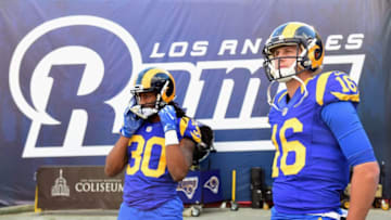 LOS ANGELES, CA - DECEMBER 24: Todd Gurley #30 and Jared Goff #16 of the Los Angeles Rams look on before the game against the San Francisco 49ers at Los Angeles Memorial Coliseum on December 24, 2016 in Los Angeles, California. (Photo by Harry How/Getty Images)