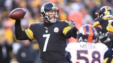 Dec 20, 2015; Pittsburgh, PA, USA; Pittsburgh Steelers quarterback Ben Roethlisberger (7) passes the ball against the Denver Broncos during the first quarter at Heinz Field. Mandatory Credit: Charles LeClaire-USA TODAY Sports