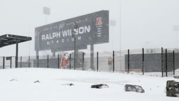 Nov 20, 2014; Orchard Park, NY, USA; A general view of the outside of Ralph Wilson Stadium after a major snow storm hit the area. Mandatory Credit: Kevin Hoffman-USA TODAY Sports